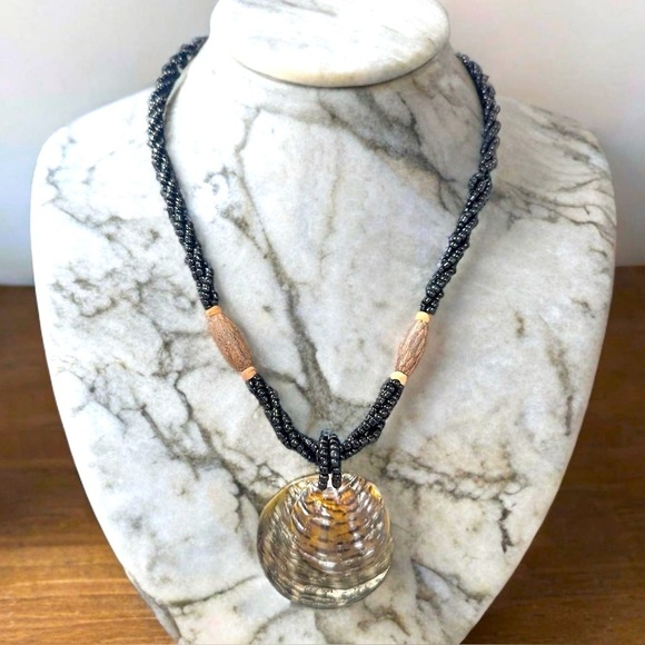 3x25* Twisted Seed Bead Necklace With Two Abalone & Wooden Accents - Picture 1 of 15